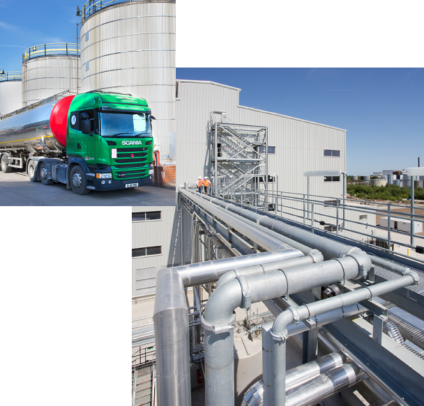 overlapping photos of industrial pipe-works leading into biofuel plant and green, red and silver lorry parked next to multiple large silos