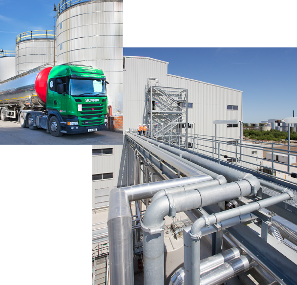 overlapping photos of industrial pipe-works leading into biofuel plant and green, red and silver lorry parked next to multiple large silos