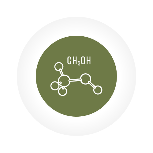 green circular background with grey and white outer rings - molecular composition of methanol with it's Chemical name