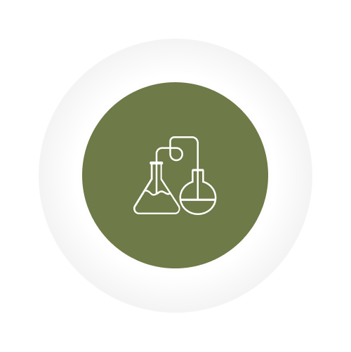 green circular background with grey and white outer rings - chemistry flask connecting to spherical flask in cenrre]