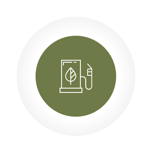 green circular background with grey and white outer rings - line drawing of petrol filling station with leaf on it