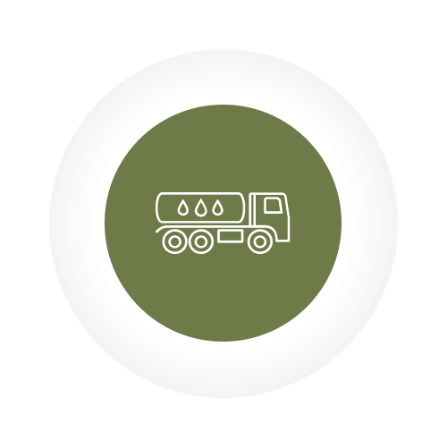 green circular background with grey and white outer rings - white line drawing of lorry truck carrying a silo tank with 3 water droplets in it