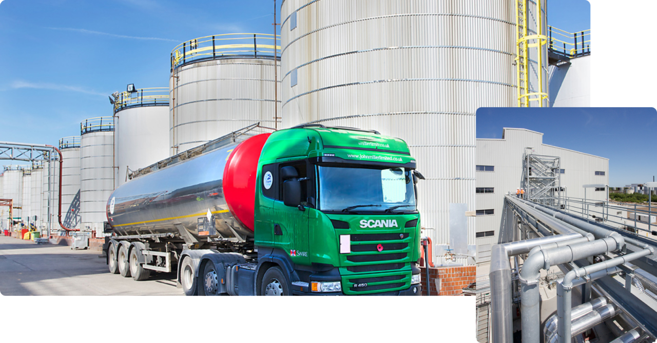 overlapping photos of industrial pipe-works leading into biofuel plant and green, red and silver lorry parked next to multiple large silos